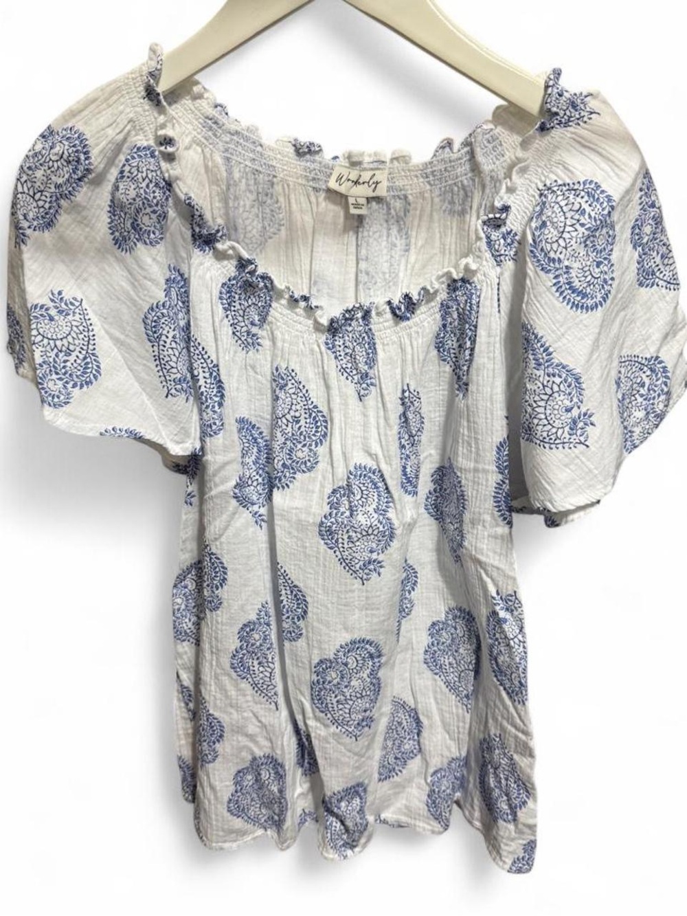 Wonderly White Blouse with Blue Paisley Print